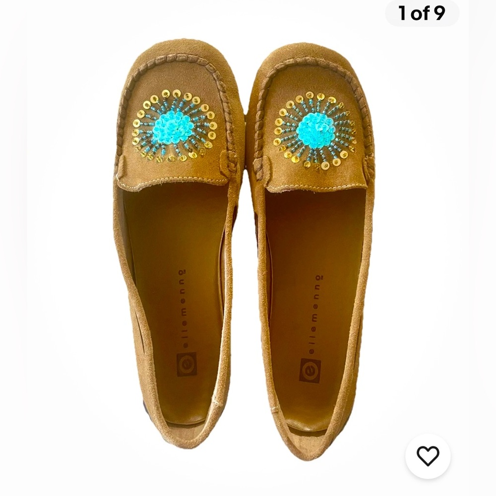 Ellemenno Women’s Suede Leather Sequin Moccasins 8.5 Butterscotch/Tan NWOB